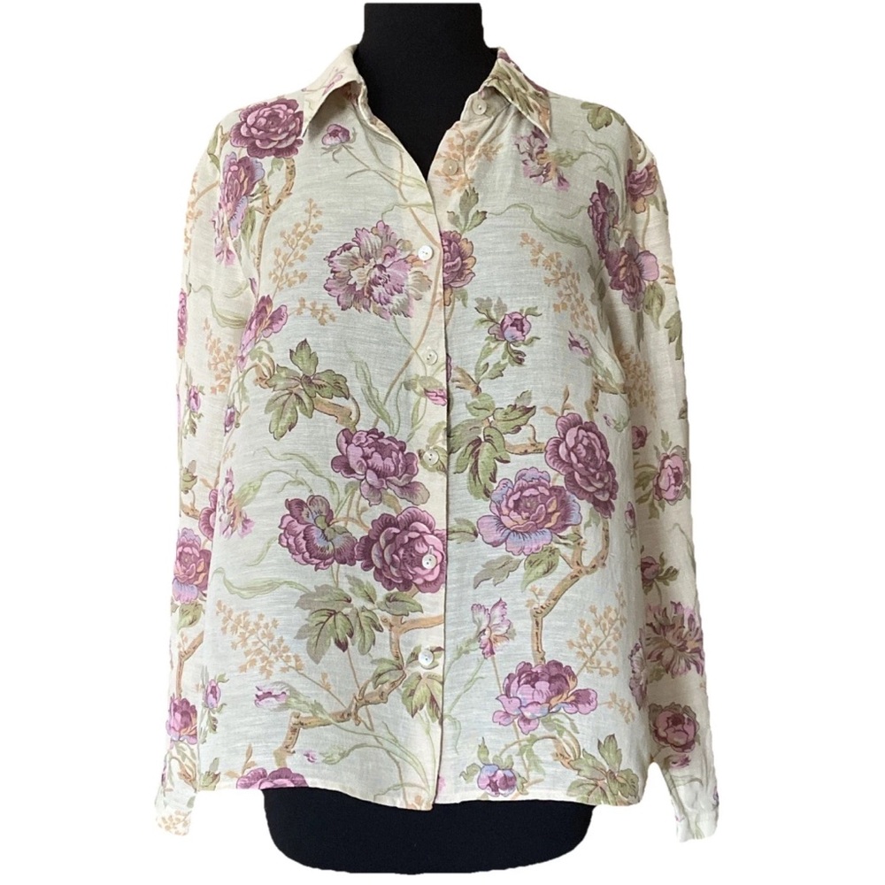 Pendleton Silk Linen Blend Ivory Floral Button Down Size Petite Large
